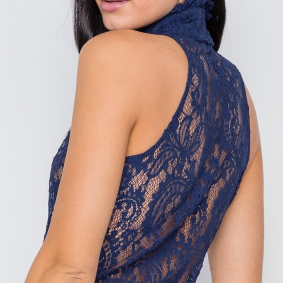 Nasty Gal Navy Blue Mock-Neck Sheer Button Down Lace Top - Picture 3 of 3
